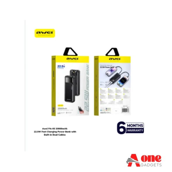 Awei PA-93 20000mAh 22.5W Power Bank with Built in Cables
