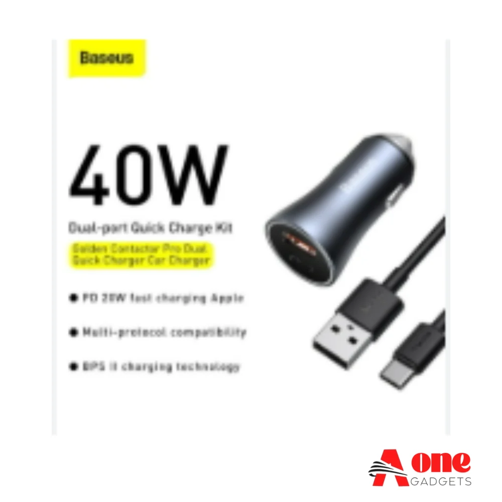 Baseus Golden Contactor Pro Dual Quick Charger Car Charger U+C 40W USB Type-C 5A 1.0m Cable Dark Gray