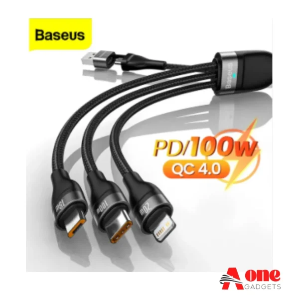 Baseus Two-for-three Fast Charging Cable (U+C to M+L+C) 100w-Black