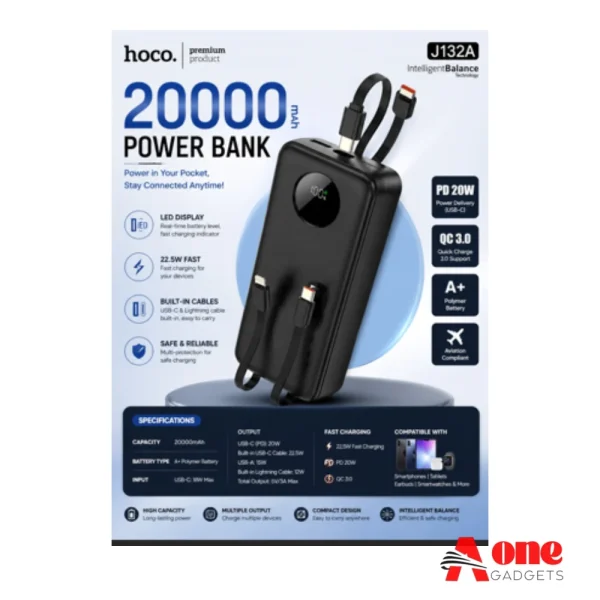 HOCO J132A 20000mAh Power Bank with Built-in Cables & 22.5W Fast Charging