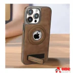 Jinduka Brand Stand Logo Hole MagSafe Leather Case PU Leather Electroplated Bezel Case