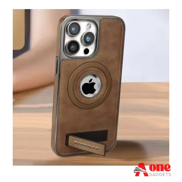Jinduka Brand Stand Logo Hole MagSafe Leather Case PU Leather Electroplated Bezel Case