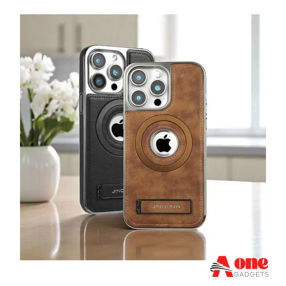 Metal MagSafe Jinduka Original Leather Stand Logo Hole Leather Case PU Leather Electroplated Bezel Case