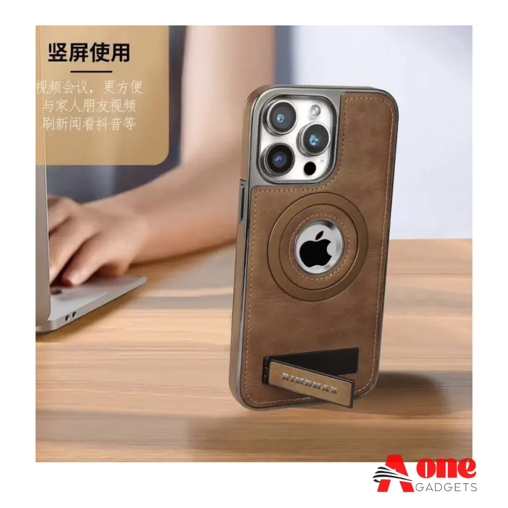 Metal MagSafe Jinduka Stand Logo Hole Leather Case PU Leather Electroplated Bezel Case