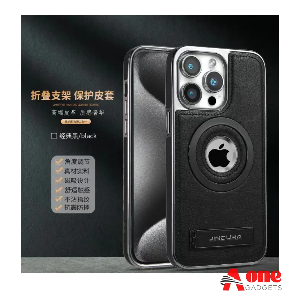 Metal MagSafe Jinduka Stand Logo Hole Leather Case PU Leather Electroplated Bezel Case