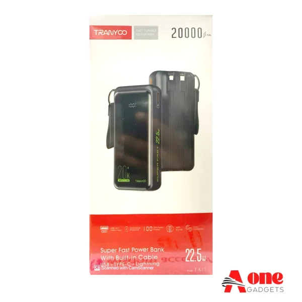 Tranyoo TK17 20000 mAh 22.5W Super Fast Power Bank With Built-in Cable USB+Type C+Lightning